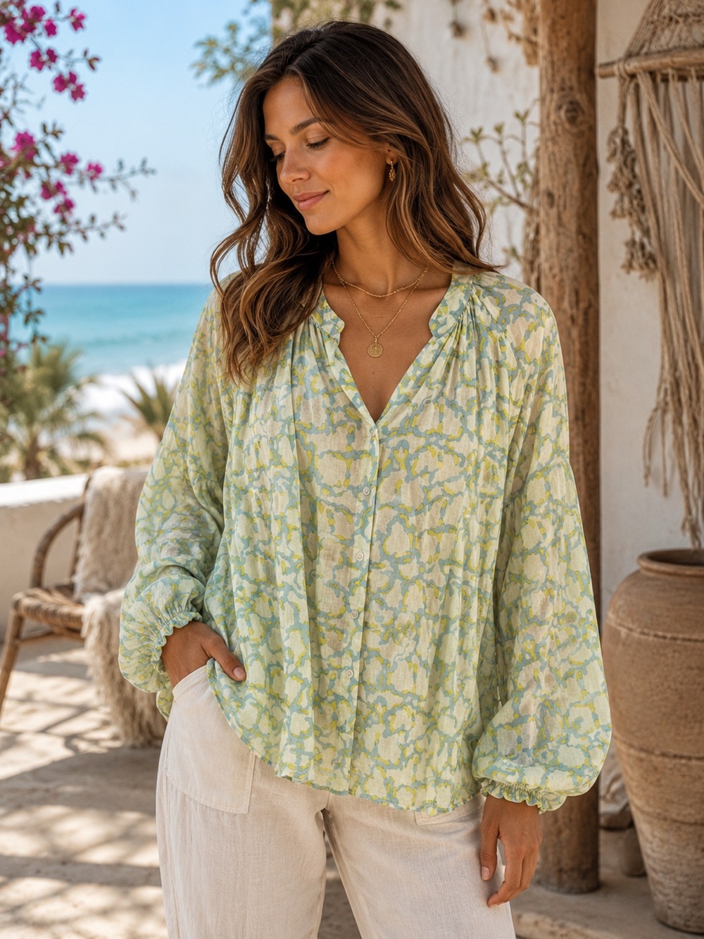 Olivia James Light Green Floral Print V-Neck Blouse